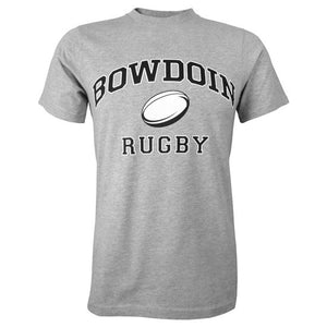 Heather gray short sleeved T-shirt with BOWDOIN arched over a rugby ball and the word RUGBY underneath.