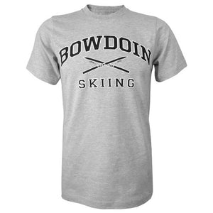 Heather gray short sleeved T-shirt with BOWDOIN arched over crossed skis with the word SKIING underneath.