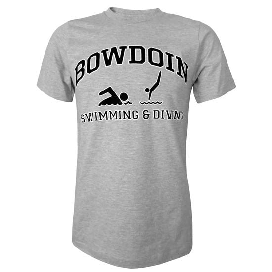 Heather gray short sleeved T-shirt with BOWDOIN arched over an icon of a swimmer and an icon of a diver with the words SWIMMING &amp; DIVING underneath.