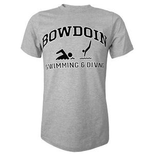 Heather gray short sleeved T-shirt with BOWDOIN arched over an icon of a swimmer and an icon of a diver with the words SWIMMING & DIVING underneath.