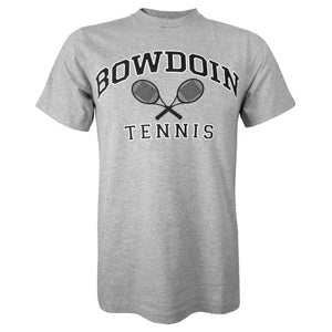 Heather gray short sleeved T-shirt with BOWDOIN arched over crossed tennis racquets and the word TENNIS underneath.