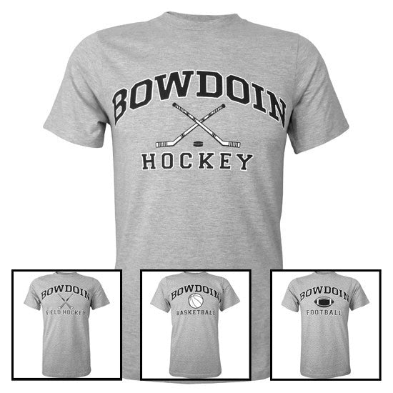 Montage of four different Bowdoin sports tees: hockey, field hockey, basketball, and football.