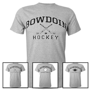 Montage of four different Bowdoin sports tees: hockey, field hockey, basketball, and football.
