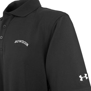 Closeup of black polo shirt showing white arched BOWDOIN embroidery on chest and white UA logo on left sleeve.