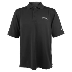 Black short-sleeved polo shirt with arched BOWDOIN embroidery on left chest.