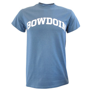 Short-sleeved lake blue T-shirt with white arched BOWDOIN imprint on chest.