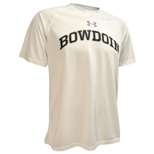 White short-sleeved workout T-shirt with an arched BOWDOIN chest imprint in black with a silver-gray stroke outline. The Under Armour UA logo is imprinted just under the neckline over the WD in BOWDOIN in silver-gray.