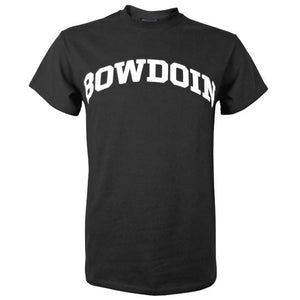Black short-sleeved T-shirt with white BOWDOIN imprint in an arch on the chest.