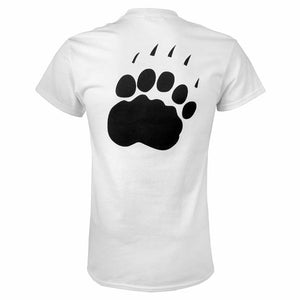 The back of a white short-sleeved T-shirt with a large black polar bear paw imprint.