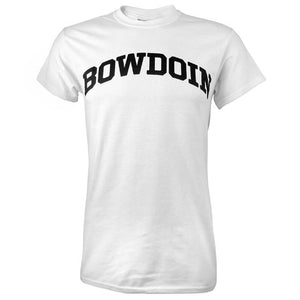 Short-sleeved white T-shirt with black arched BOWDOIN imprint on chest.