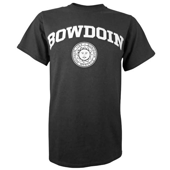 Black short-sleeved T-shirt with a white imprint of the word BOWDOIN arched over the official Bowdoin College sun seal.