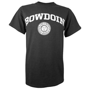 Black short-sleeved T-shirt with a white imprint of the word BOWDOIN arched over the official Bowdoin College sun seal.