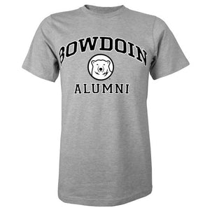 Short-sleeved Oxford gray T-shirt with BOWDOIN arched over a mascot medallion over ALUMNI. The text is black with a white stroke outline.