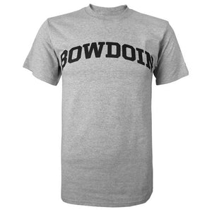 Short-sleeved Oxford gray T-shirt with black arched BOWDOIN imprint on chest.