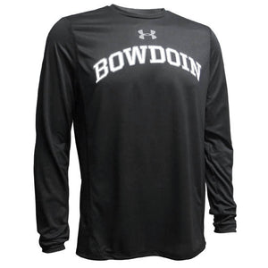 Black long-sleeved tee with arched BOWDOIN on chest in white with gray outline. Gray UA logo over the BOWDOIN imprint.