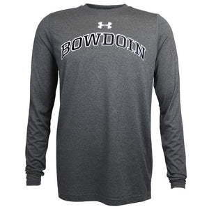Charcoal gray long-sleeved tee with arched BOWDOIN on chest in black with white outline. White UA logo over the BOWDOIN imprint.