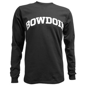 Black long-sleeved T-shirt with arched BOWDOIN imprint on the chest in white.