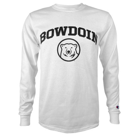 White long-sleeved T-shirt with black imprint on chest of BOWDOIN arched over a polar bear mascot medallion.