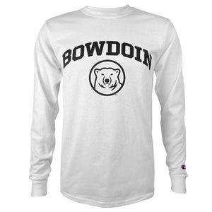 White long-sleeved T-shirt with black imprint on chest of BOWDOIN arched over a polar bear mascot medallion.