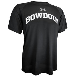 Black short-sleeved workout T-shirt with an arched BOWDOIN chest imprint in white with a silver-gray stroke outline. The Under Armour UA logo is imprinted just under the neckline over the WD in BOWDOIN in silver gray.