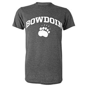 Short-sleeved T-shirt with white chest imprint of the word BOWDOIN arched over a polar bear paw print. The shirt is a charcoal heather color.