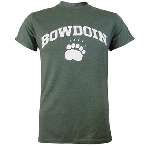 Short-sleeved T-shirt with white chest imprint of the word BOWDOIN arched over a polar bear paw print. The shirt is a pine green heather color.