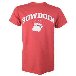 Short-sleeved T-shirt with white chest imprint of the word BOWDOIN arched over a polar bear paw print. The shirt is a red heather color.