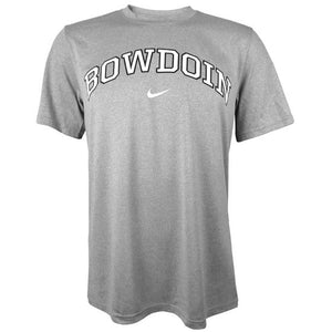 Heathered silver gray short-sleeved T-shirt with arched BOWDOIN on chest in white with black outline over white Nike Swoosh.