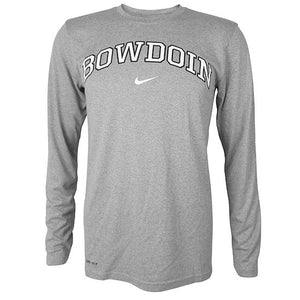 Long-sleeved performance tee with arched BOWDOIN chest imprint in white with black outline and white NIKE swoosh below.