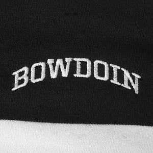 Closeup detail of white BOWDOIN embroidery on rugby shirt.