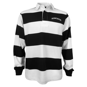 Black and white striped long-sleeved rugby shirt with arched BOWDOIN embroidery on left chest in white.