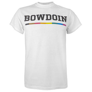Short sleeved white T-shirt with imprint of black BOWDOIN over a thin rainbow band of black, brown, red, orange, yellow, green, blue, and purple