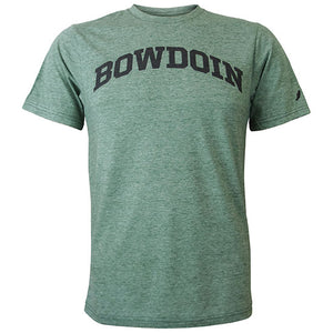 Heathered hunter green short-sleeved T-shirt with chest imprint of black arched BOWDOIN
