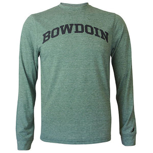 Heather green long-sleeved shirt with black arched BOWDOIN imprint on chest.
