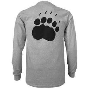 Back view of long-sleeved tee with a large black paw print imprint.