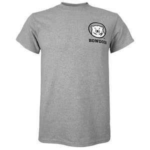 Front view of short sleeved heather grey T-shirt with small left chest imprint of Bowdoin mascot medallion over the word BOWDOIN in black.