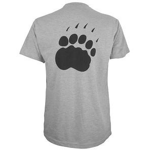 Back of T-shirt showing large black paw print on upper back.