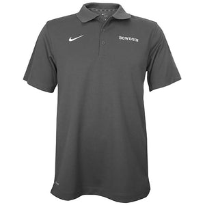 Grey short-sleeved polo shirt with white Nike Swoosh embroidered on right chest, and white BOWDOIN embroidered on left chest.