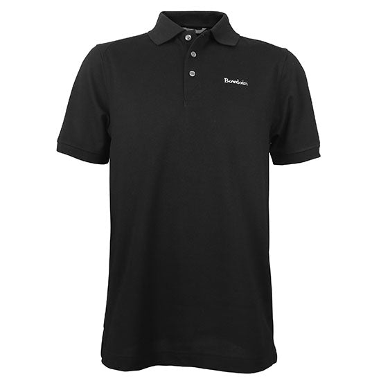 Black polo shirt with white embroidered Bowdoin wordmark on left chest.