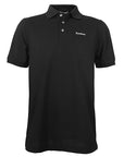 Black polo shirt with white embroidered Bowdoin wordmark on left chest.