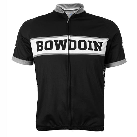 Black zippered cycling jersey with BOWDOIN on chest in black against white background with grey stripe.