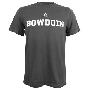 Gray short sleeved tee with white BOWDOIN imprint across chest and small Adidas logo above imprint.
