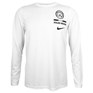 White long-sleeved T-shirt with mascot medallion over black and grey bar over black POLAR BEARS over black Nike Swoosh on left chest.