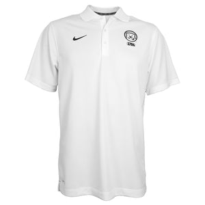 White polo shirt with black Nike Swoosh embroidered on right chest, and mascot medallion over 1794 on right chest.