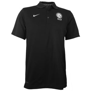 Black polo shirt with white Nike Swoosh embroidered on right chest, and mascot medallion over 1794 on right chest.