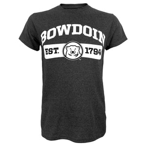 Charcoal heather short sleeved tee with white imprint of BOWDOIN arched over a bar containing the text EST. 1794, interrupted by a polar bear medallion.