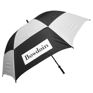 Black and white golf umbrella with Bowdoin wordmark imprint.