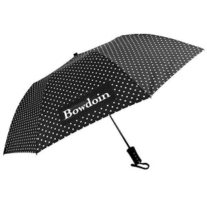 Black umbrella with all-over white dots and Bowdoin wordmark imprint in white inside a black rectangle.