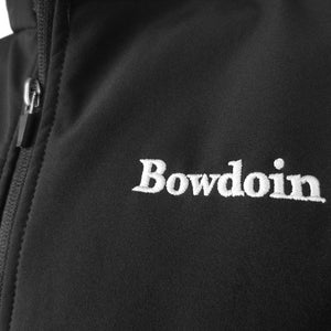 Closeup of Bowdoin embroidery on black soft shell vest.