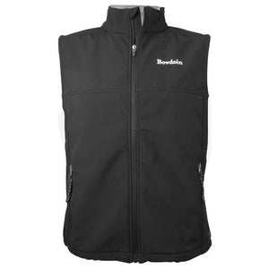 Black full zip vest with white Bowdoin embroidery on left chest.